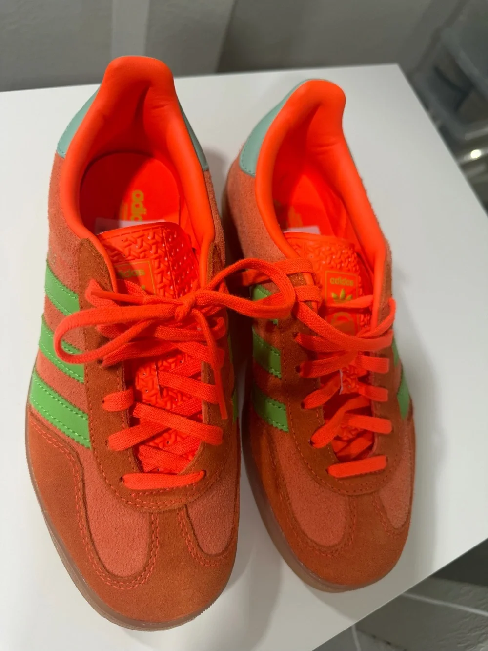 adidas Kids Bright Orange Suede Sneakers with Green Stripes